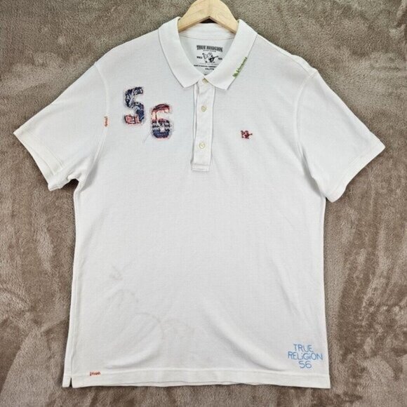 True Religion Polo Shirt Double Sided White Short Sleeve Buddha Men's Sz XXL 2XL - Picture 1 of 10